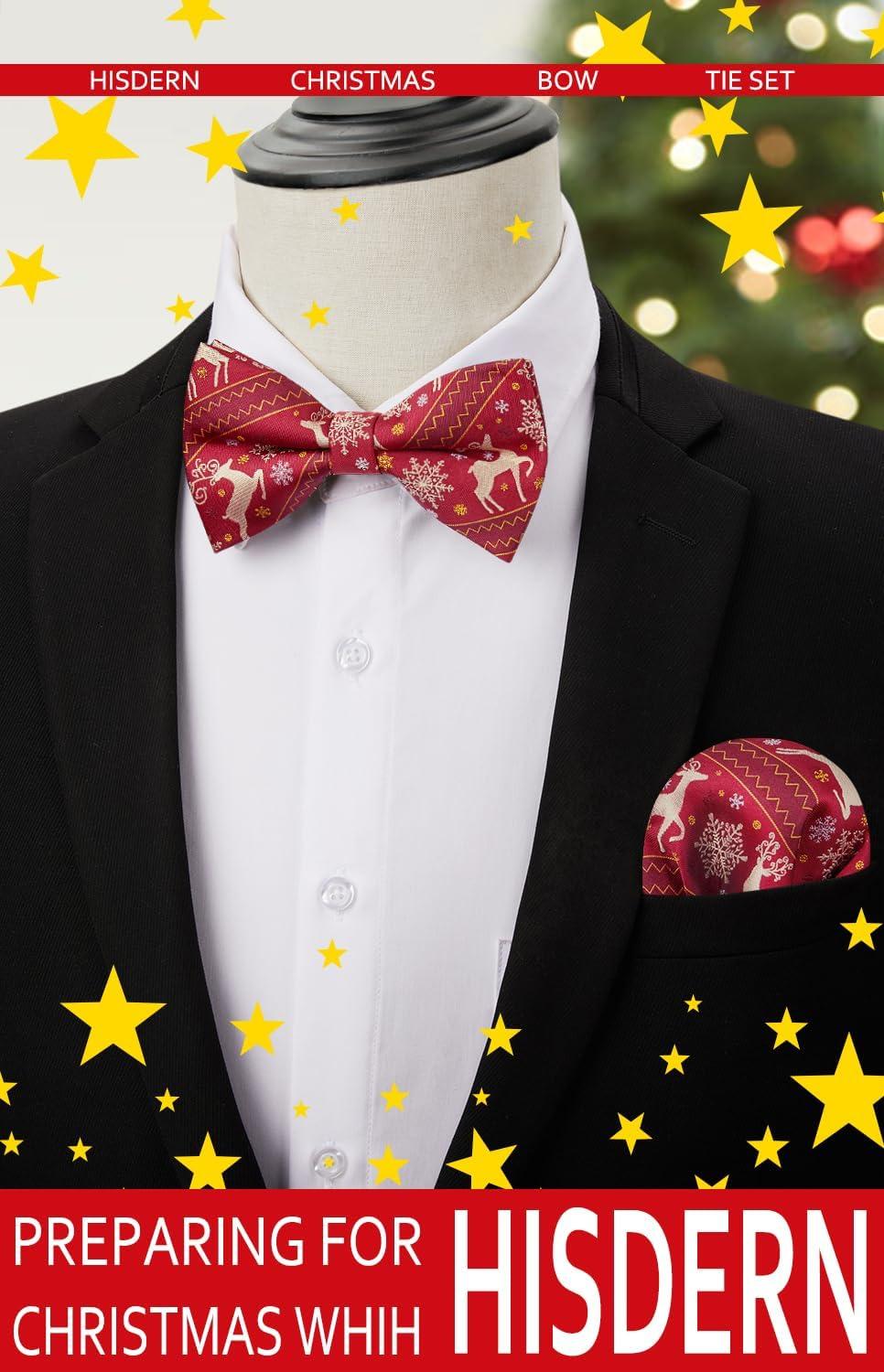 imageHISDERN Christmas Mens Bow Ties Set Holiday Festival Bow Tie and Pocket Square Set with Gift Box Bow Ties for Men Pretied15burgundy Deer