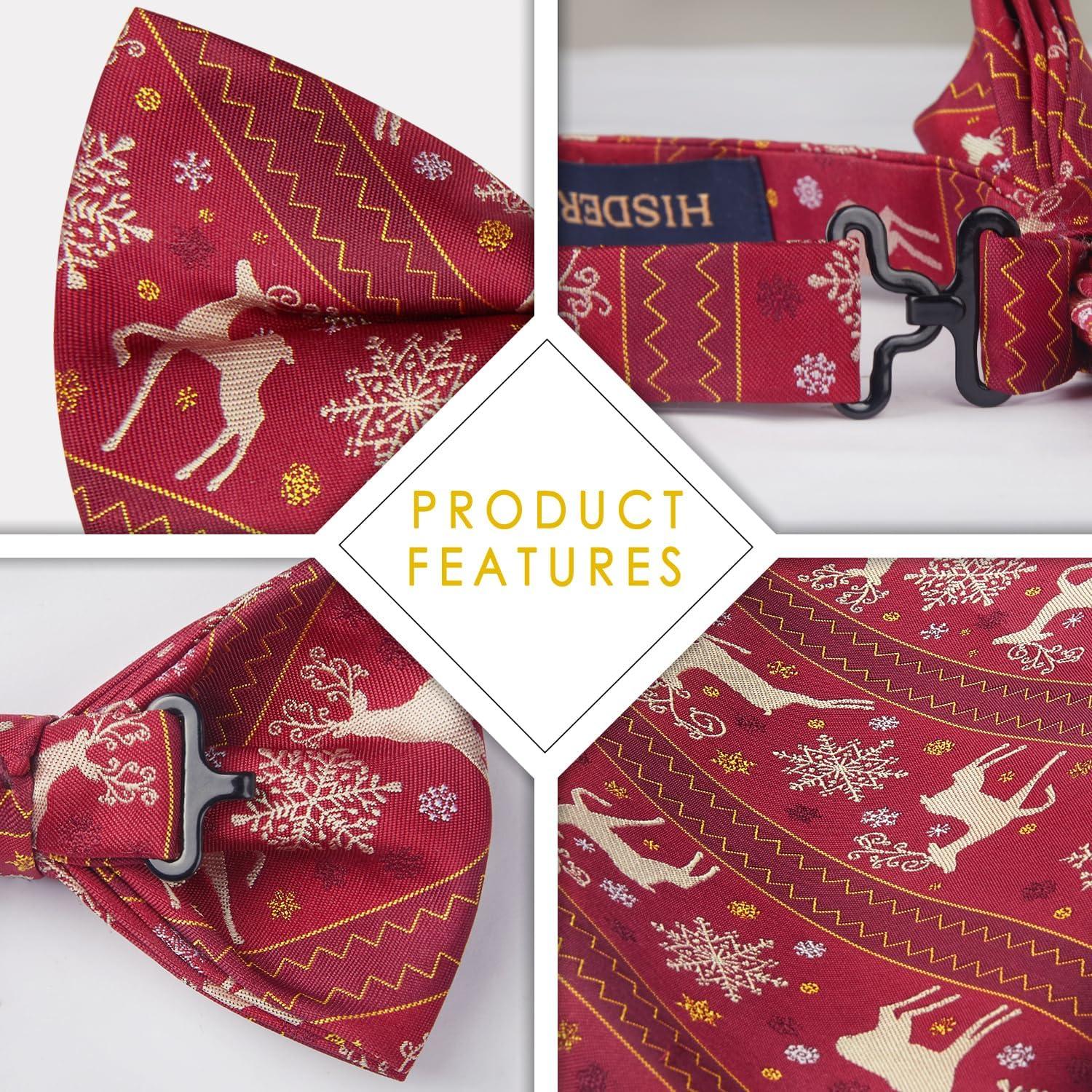 imageHISDERN Christmas Mens Bow Ties Set Holiday Festival Bow Tie and Pocket Square Set with Gift Box Bow Ties for Men Pretied15burgundy Deer