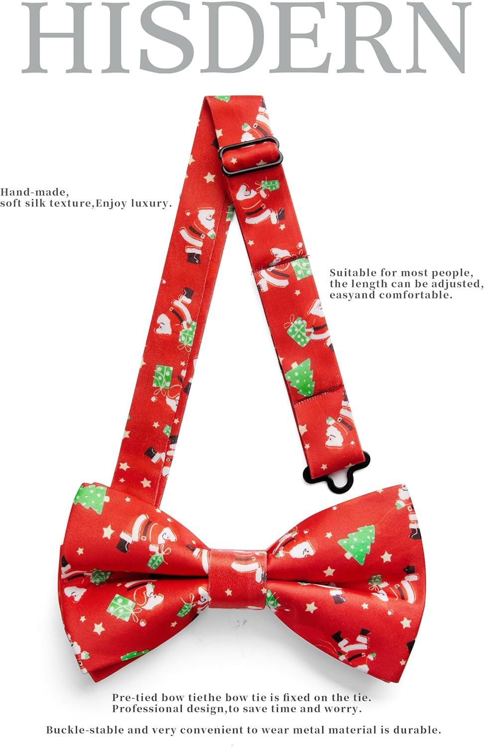 imageHISDERN Christmas Mens Bow Ties Set Holiday Festival Bow Tie and Pocket Square Set with Gift Box Bow Ties for Men Pretied17red