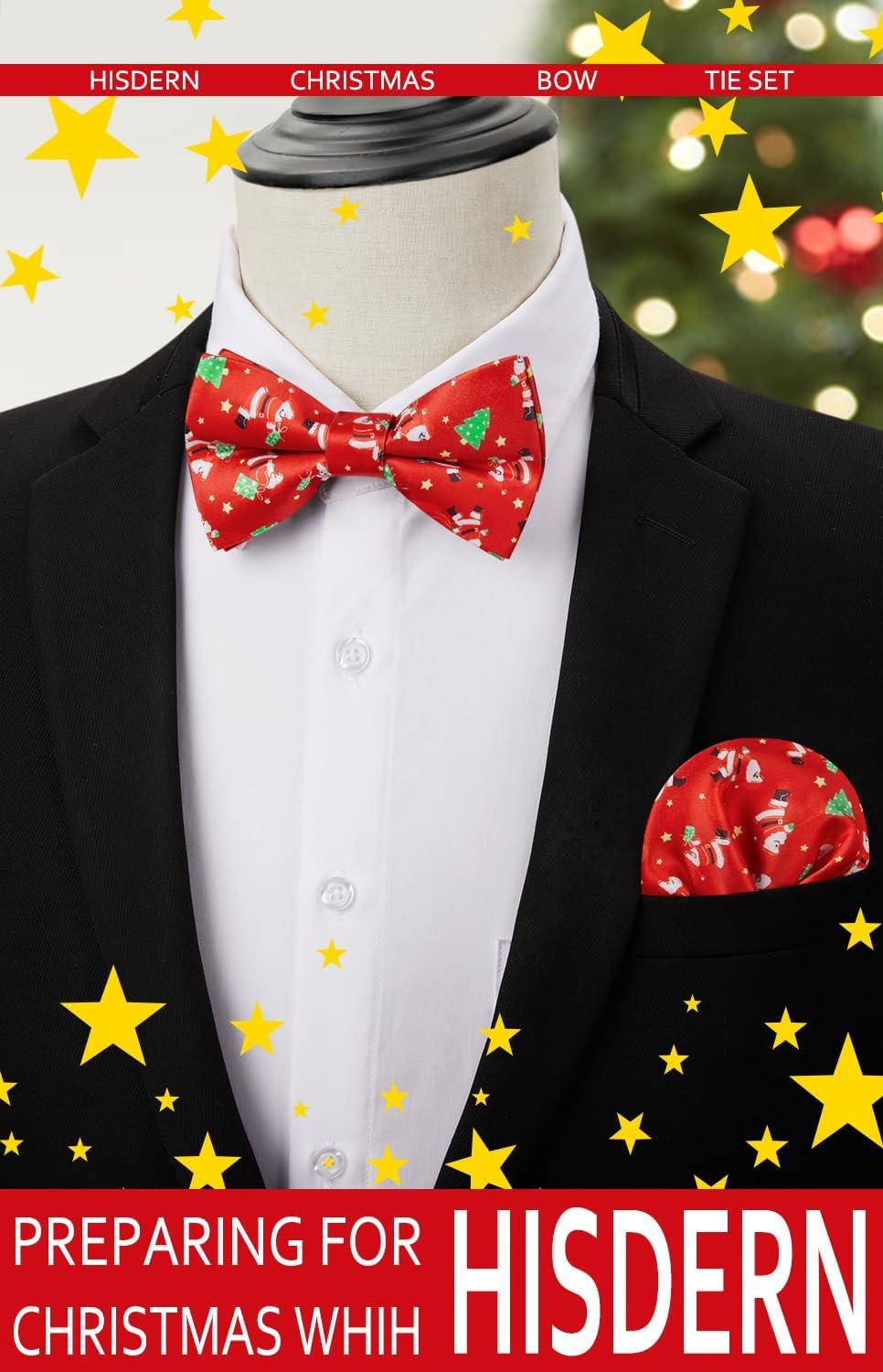 imageHISDERN Christmas Mens Bow Ties Set Holiday Festival Bow Tie and Pocket Square Set with Gift Box Bow Ties for Men Pretied17red