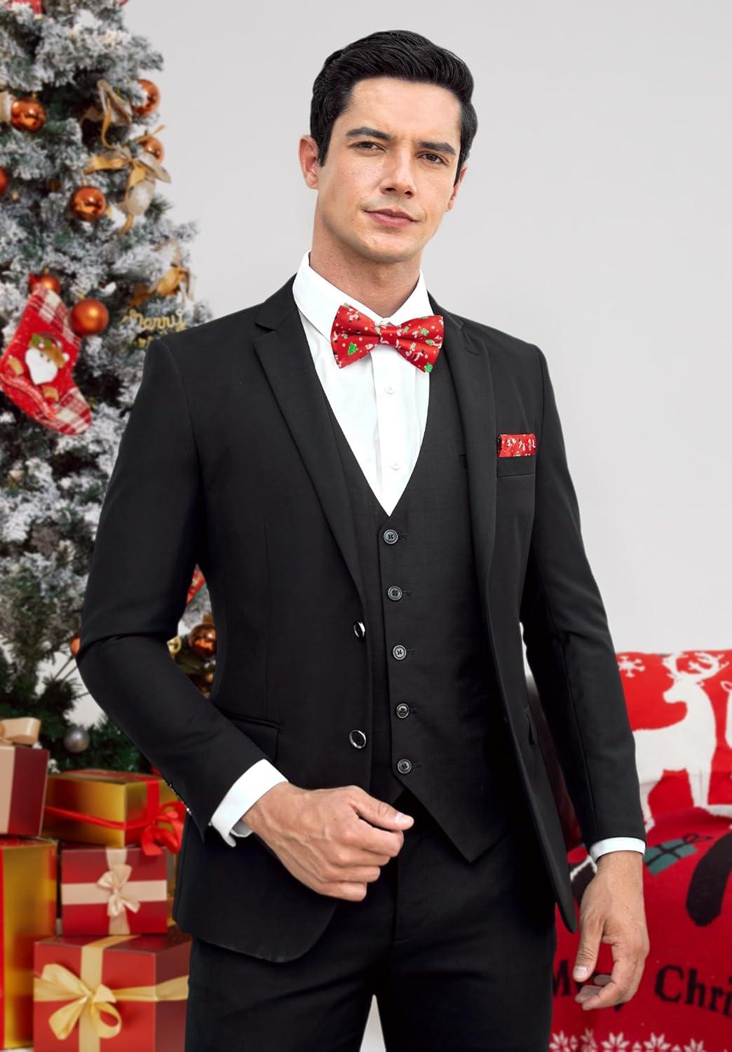 imageHISDERN Christmas Mens Bow Ties Set Holiday Festival Bow Tie and Pocket Square Set with Gift Box Bow Ties for Men Pretied17red