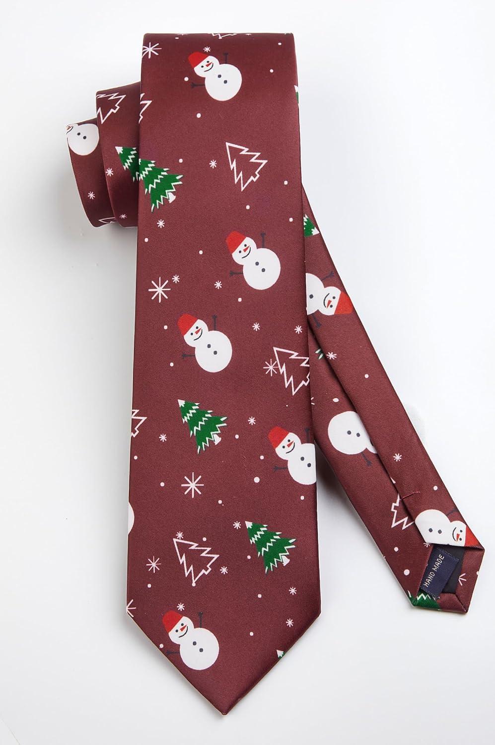 imageHISDERN Christmas Ties for Men Festival Xmas Silk Necktie Holiday Vocation Funny Tie Pocket Square Cufflinks SetBurgundy Snowman
