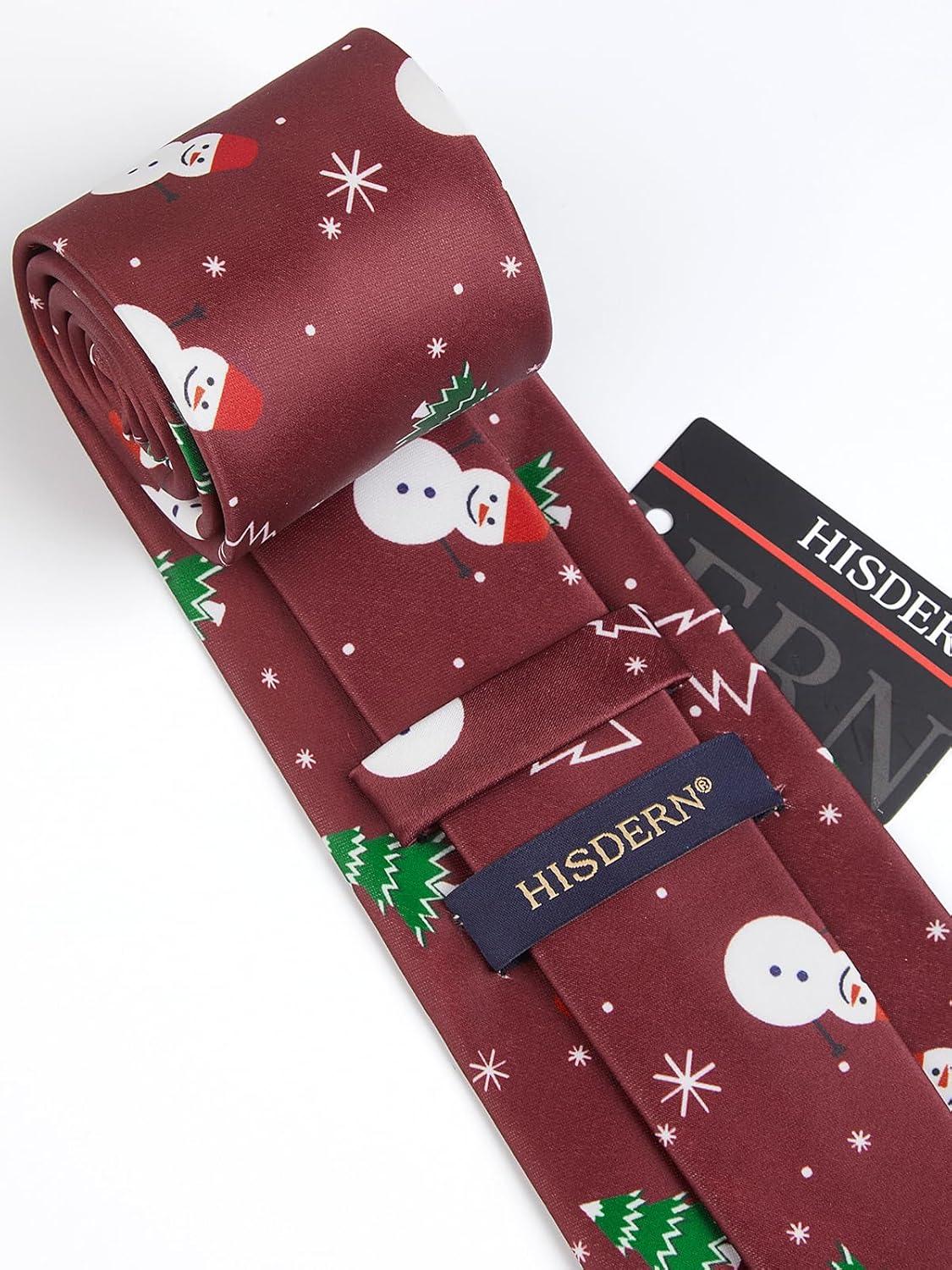 imageHISDERN Christmas Ties for Men Festival Xmas Silk Necktie Holiday Vocation Funny Tie Pocket Square Cufflinks SetBurgundy Snowman