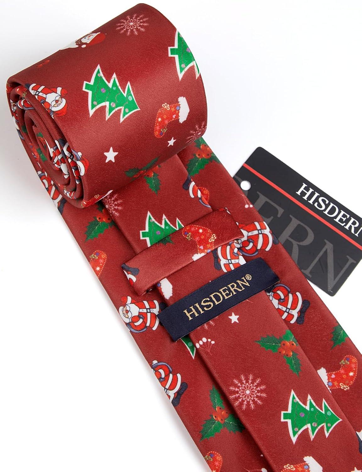 imageHISDERN Christmas Ties for Men Festival Xmas Silk Necktie Holiday Vocation Funny Tie Pocket Square Cufflinks SetRed Snowman Tree