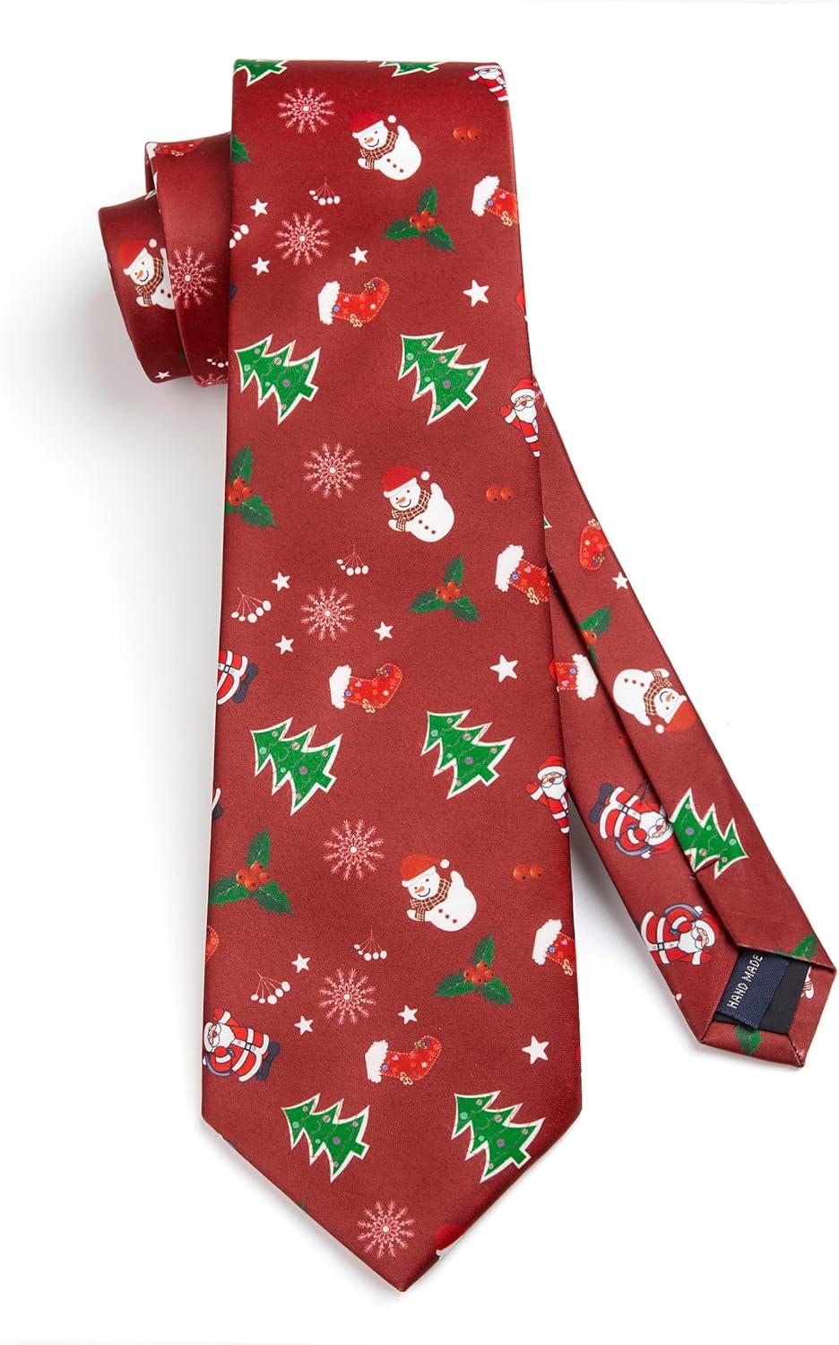 imageHISDERN Christmas Ties for Men Festival Xmas Silk Necktie Holiday Vocation Funny Tie Pocket Square Cufflinks SetRed Snowman Tree