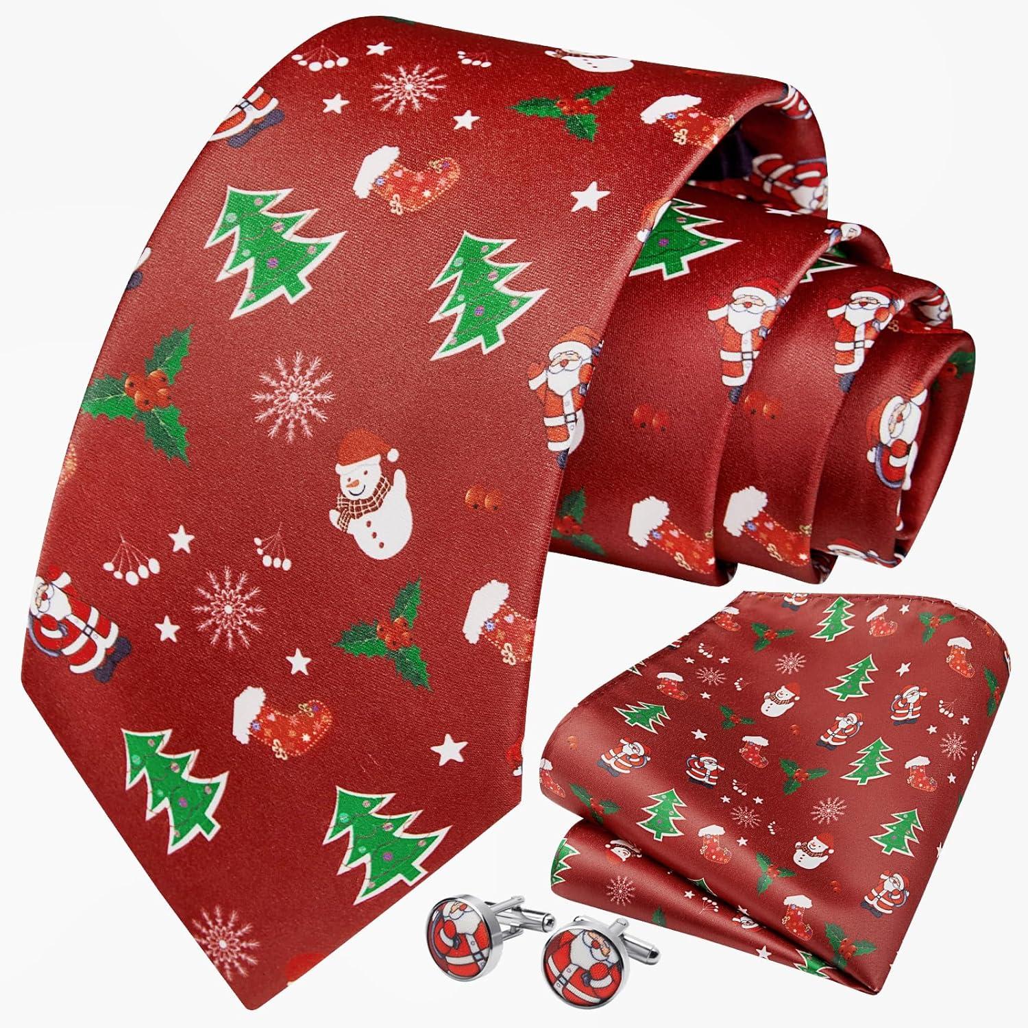 imageHISDERN Christmas Ties for Men Festival Xmas Silk Necktie Holiday Vocation Funny Tie Pocket Square Cufflinks SetRed Snowman Tree