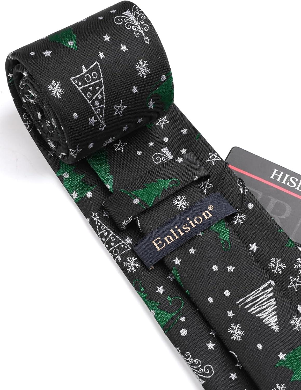 imageHISDERN Christmas Ties for Men Holiday Tie and Pocket Square Cufflinks Festival Party Xmas Funny Silk Woven NecktieAchristmas Tree