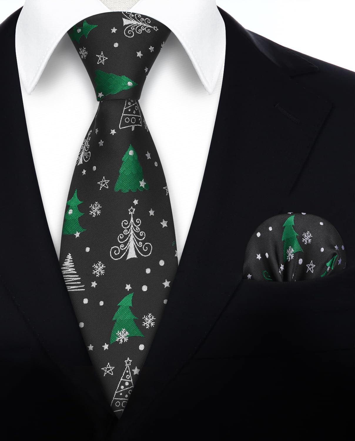 imageHISDERN Christmas Ties for Men Holiday Tie and Pocket Square Cufflinks Festival Party Xmas Funny Silk Woven NecktieAchristmas Tree