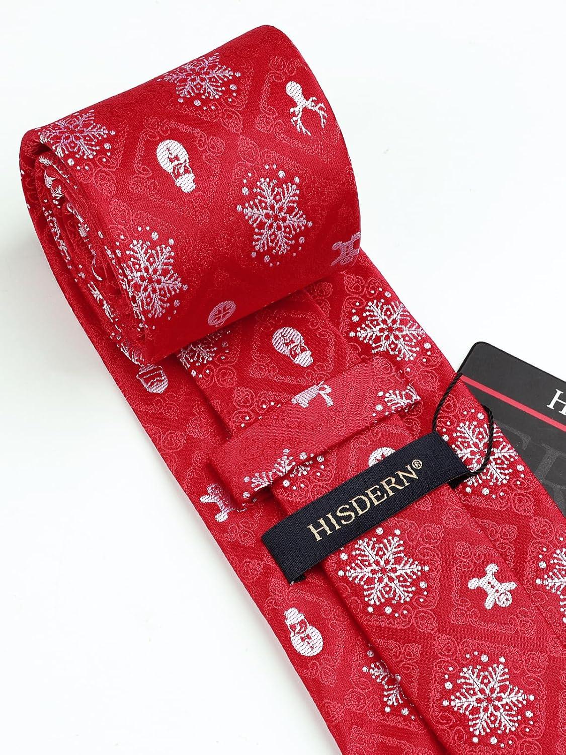 imageHISDERN Christmas Ties for Men Holiday Tie and Pocket Square Cufflinks Festival Party Xmas Funny Silk Woven NecktieBred  Snowfake