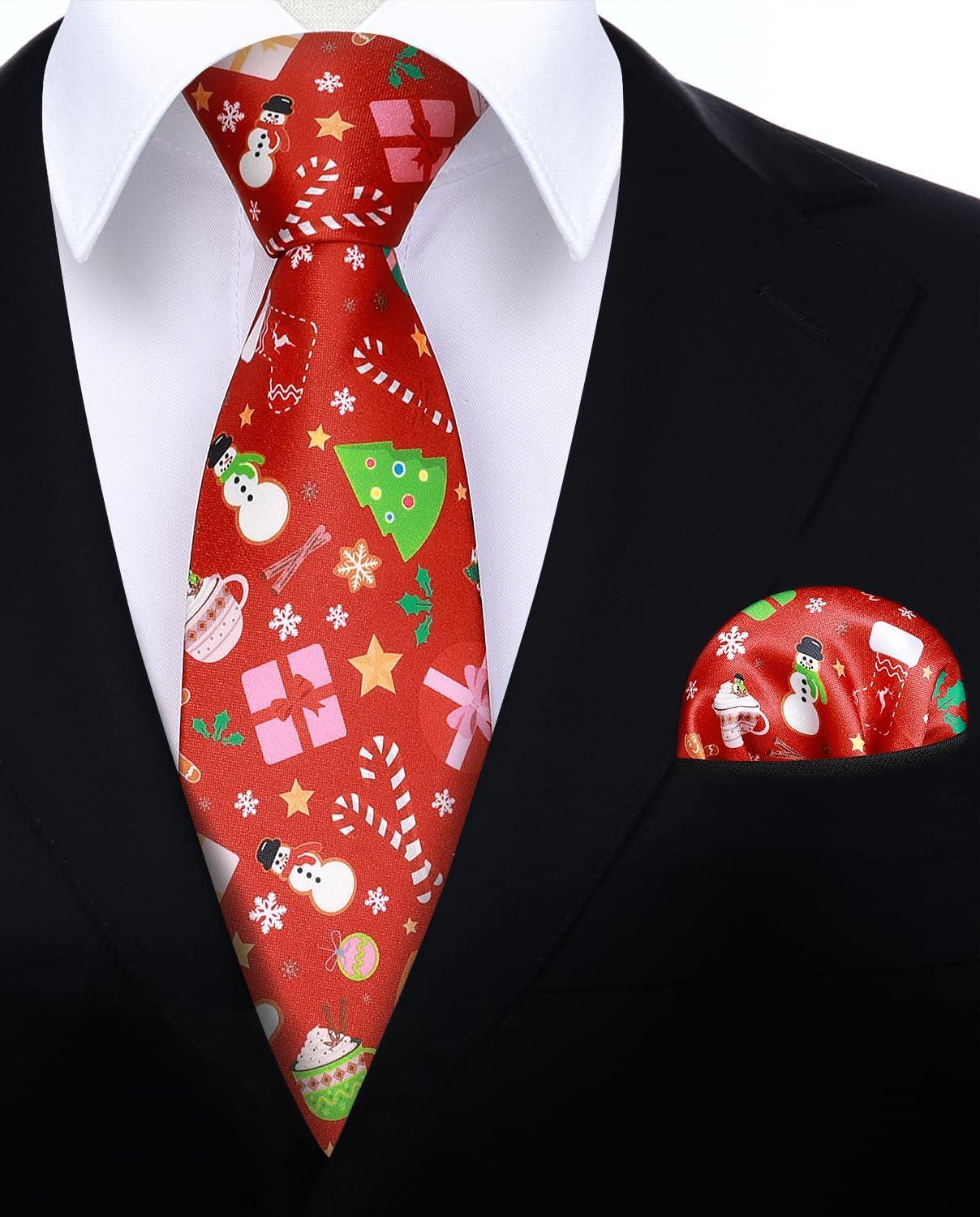 imageHISDERN Christmas Ties for Men Holiday Tie and Pocket Square Cufflinks Festival Party Xmas Funny Silk Woven NecktieBred  Snowman