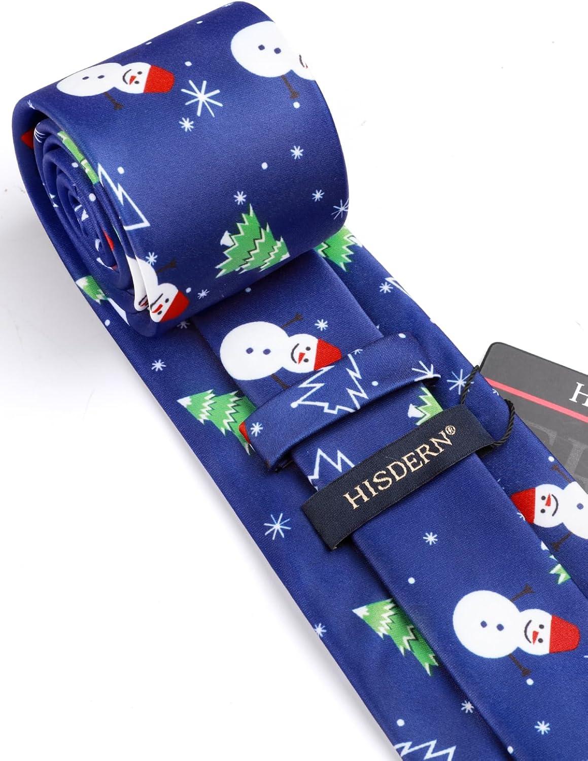 imageHISDERN Christmas Ties for Men Holiday Tie and Pocket Square Cufflinks Festival Party Xmas Funny Silk Woven NecktieDblue  Snowman