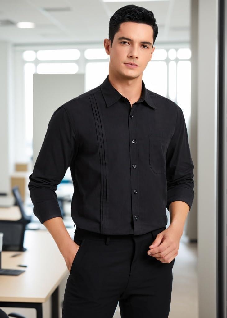 imageHISDERN Mens Dress Shirt Formal Long Sleeve Pleated Button Down Shirt for Men with Pocket for Prom Party WeddingBlack