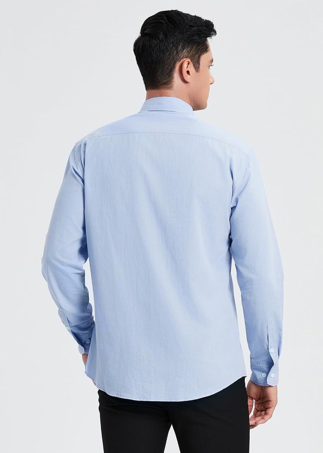 imageHISDERN Mens Dress Shirt Formal Long Sleeve Pleated Button Down Shirt for Men with Pocket for Prom Party WeddingBlue
