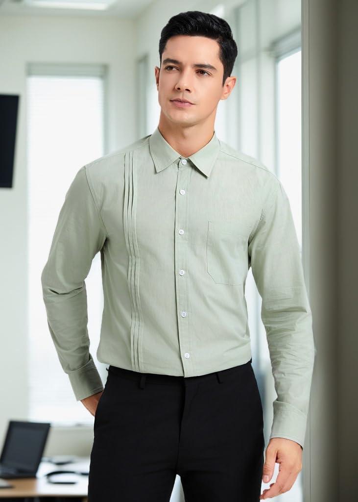 imageHISDERN Mens Dress Shirt Formal Long Sleeve Pleated Button Down Shirt for Men with Pocket for Prom Party WeddingGreen