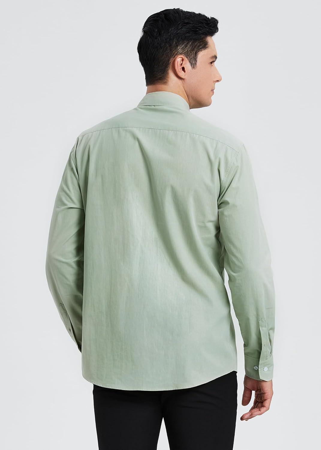 imageHISDERN Mens Dress Shirt Formal Long Sleeve Pleated Button Down Shirt for Men with Pocket for Prom Party WeddingGreen