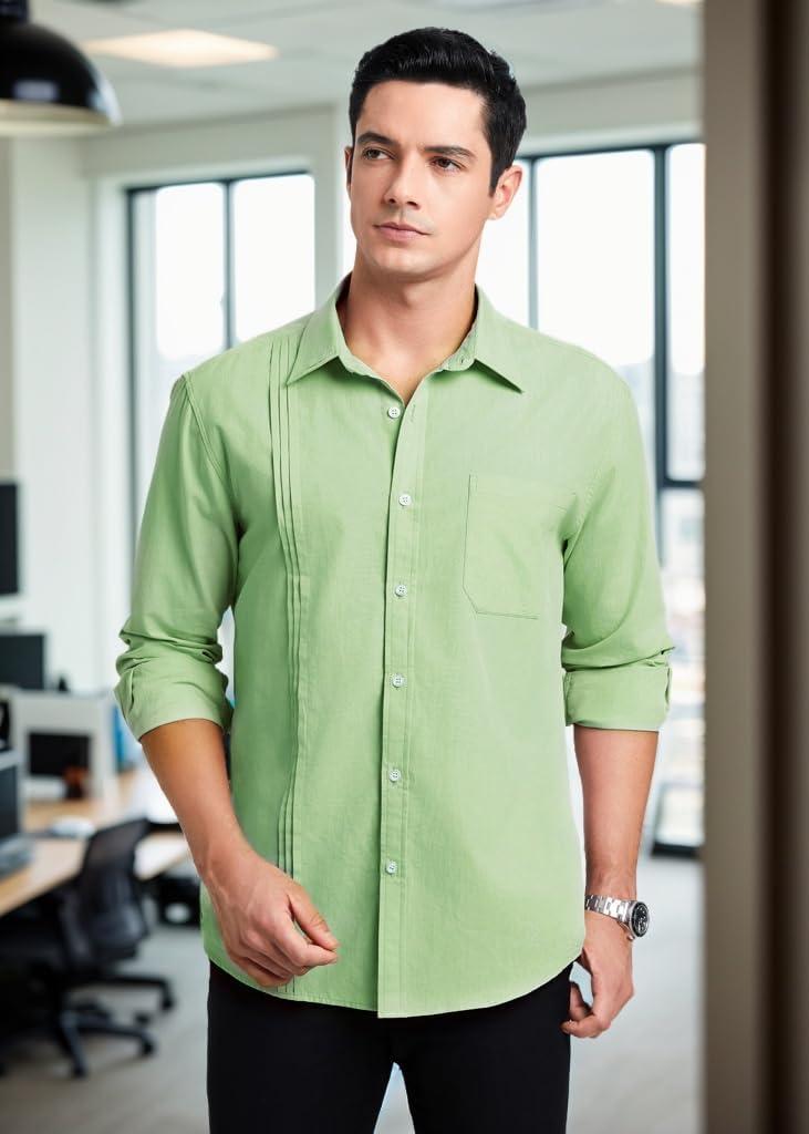 imageHISDERN Mens Dress Shirt Formal Long Sleeve Pleated Button Down Shirt for Men with Pocket for Prom Party WeddingGreen1