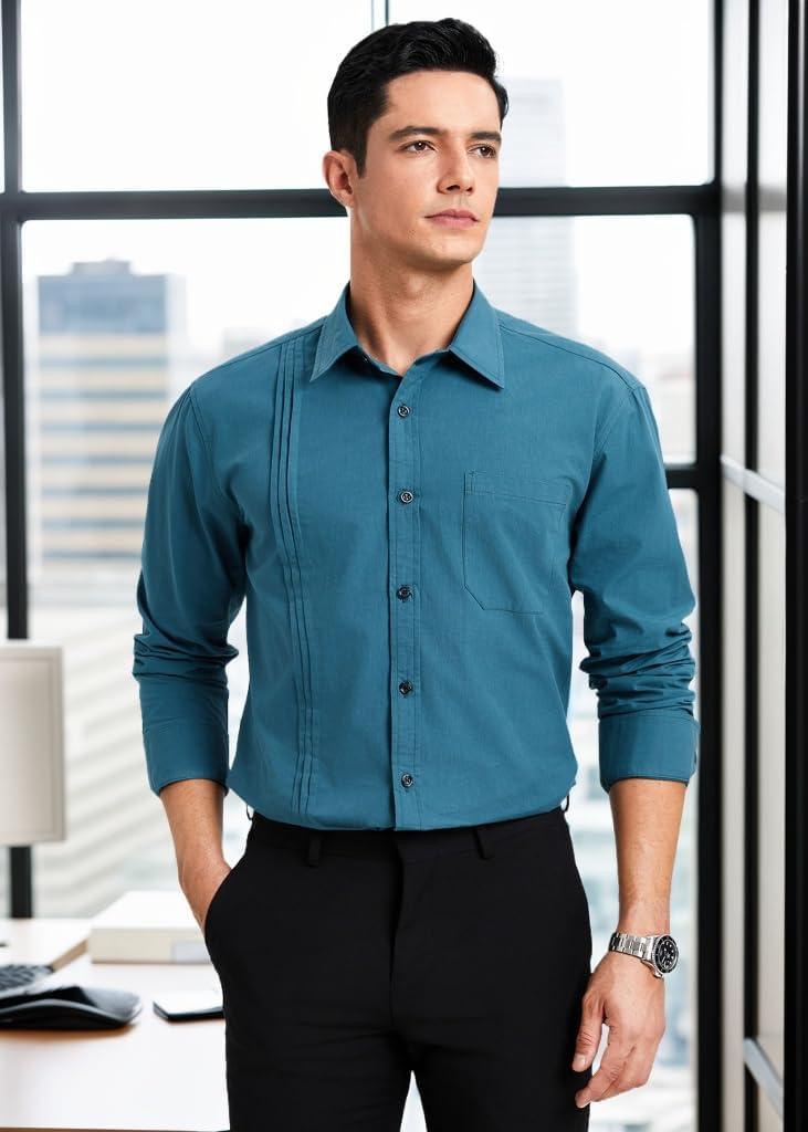 imageHISDERN Mens Dress Shirt Formal Long Sleeve Pleated Button Down Shirt for Men with Pocket for Prom Party WeddingOcean Blue