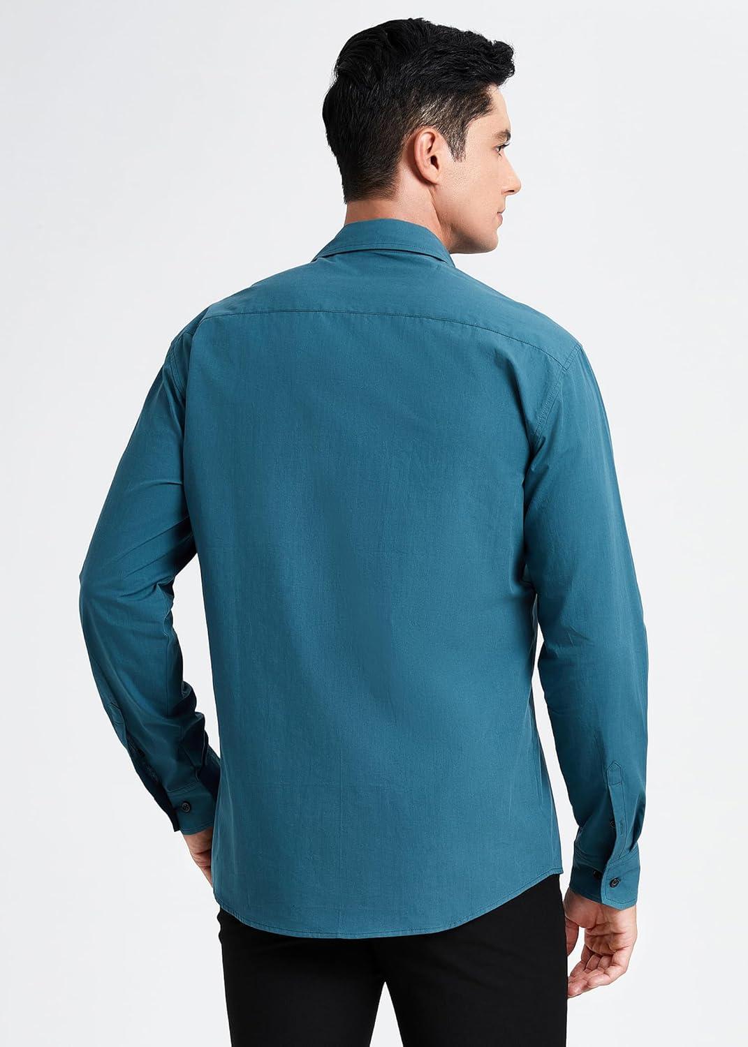 imageHISDERN Mens Dress Shirt Formal Long Sleeve Pleated Button Down Shirt for Men with Pocket for Prom Party WeddingOcean Blue