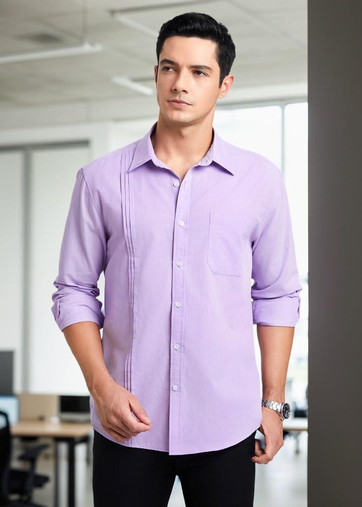 imageHISDERN Mens Dress Shirt Formal Long Sleeve Pleated Button Down Shirt for Men with Pocket for Prom Party WeddingPurple