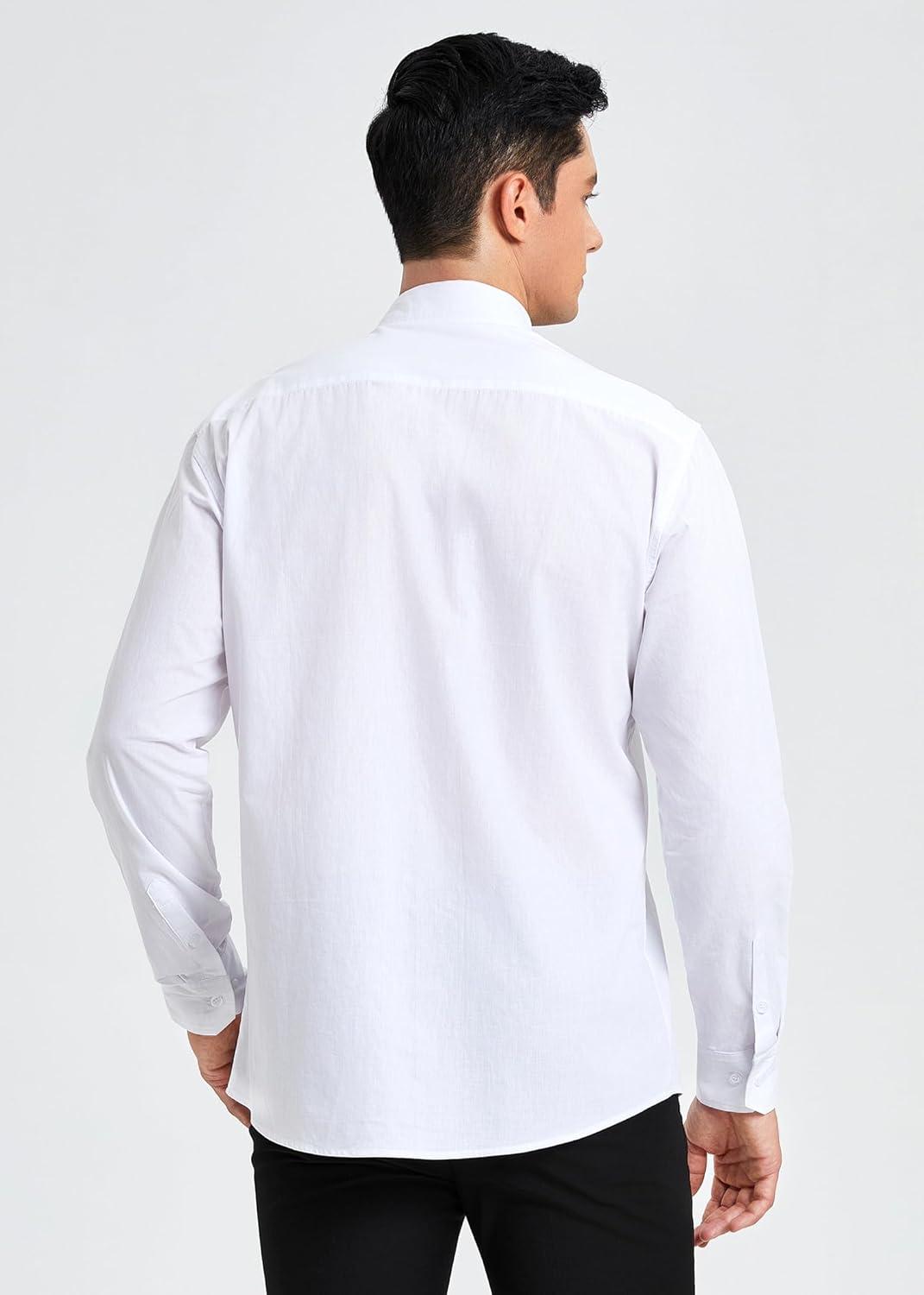 imageHISDERN Mens Dress Shirt Formal Long Sleeve Pleated Button Down Shirt for Men with Pocket for Prom Party WeddingWhite