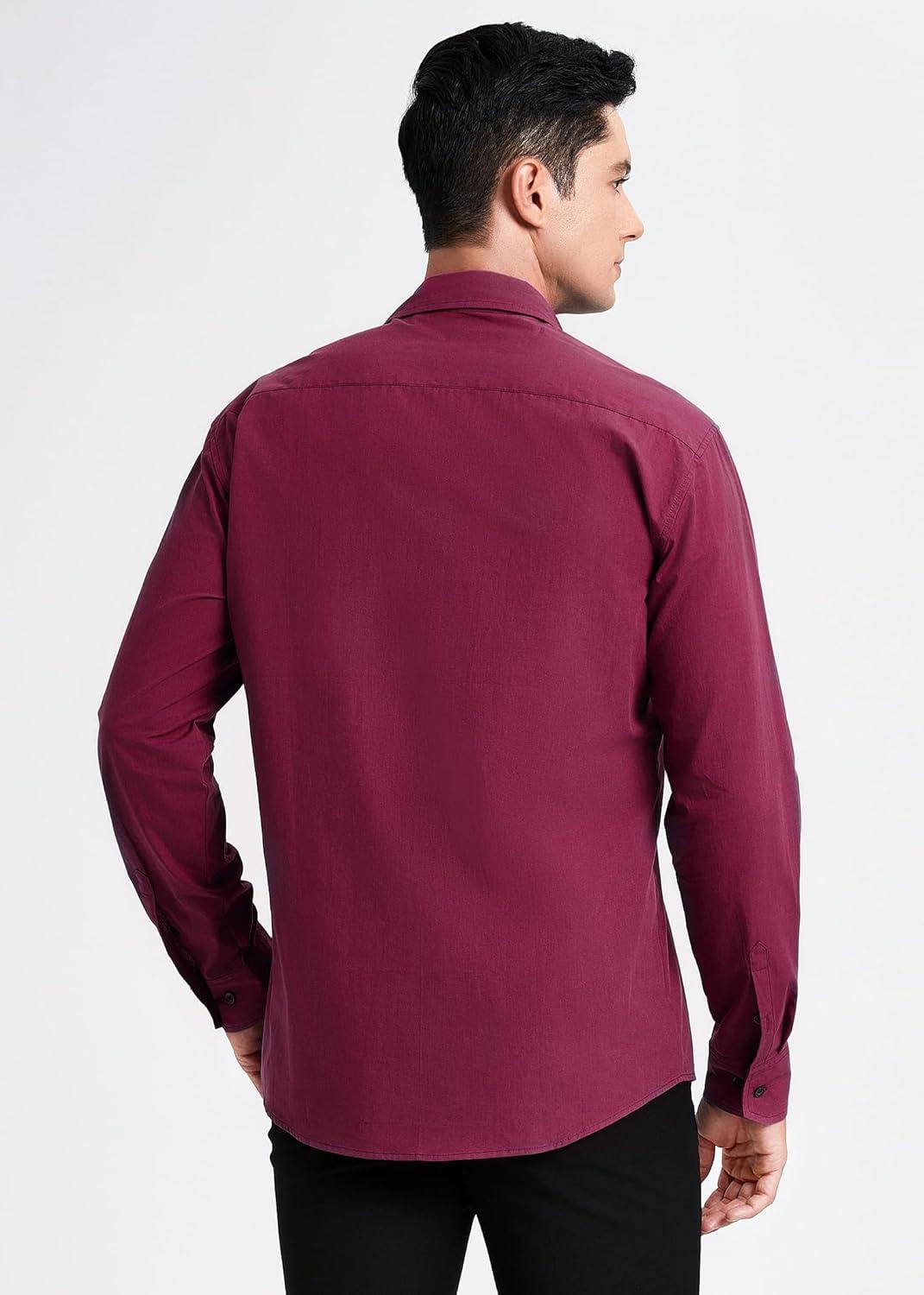 imageHISDERN Mens Dress Shirt Formal Long Sleeve Pleated Button Down Shirt for Men with Pocket for Prom Party WeddingWine Red