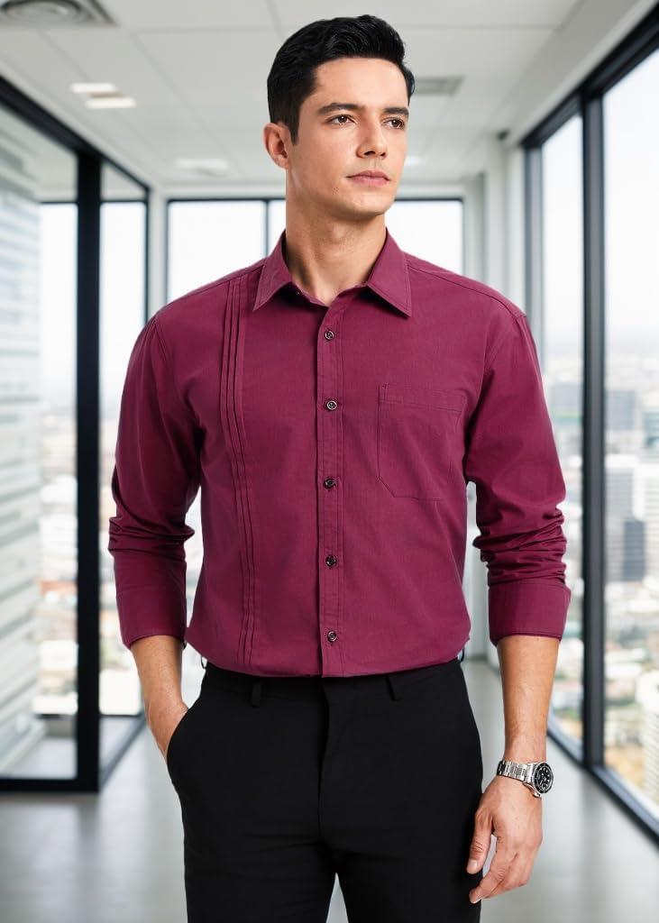 imageHISDERN Mens Dress Shirt Formal Long Sleeve Pleated Button Down Shirt for Men with Pocket for Prom Party WeddingWine Red