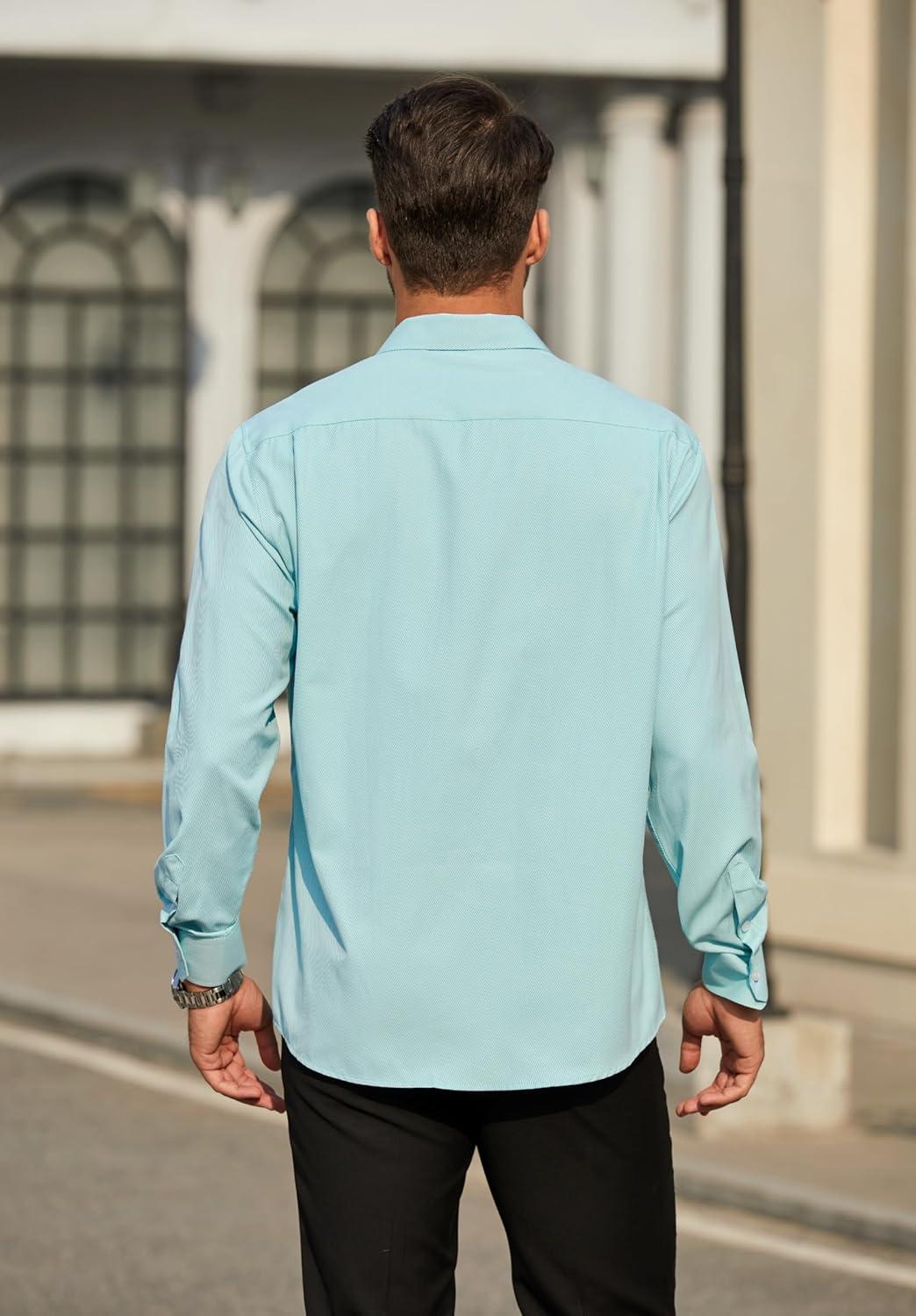 imageHISDERN Mens Dress Shirts Long Sleeve Wrinkle Free Formal Shirt Solid Stripe Business Casual Button Down ShirtsAqua Blue