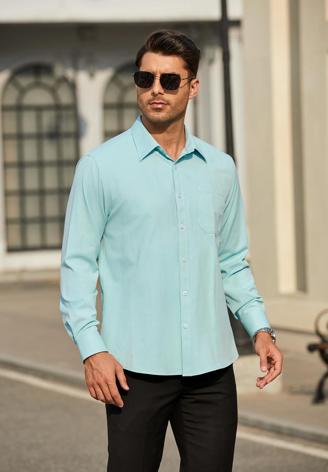 imageHISDERN Mens Dress Shirts Long Sleeve Wrinkle Free Formal Shirt Solid Stripe Business Casual Button Down ShirtsAqua Blue