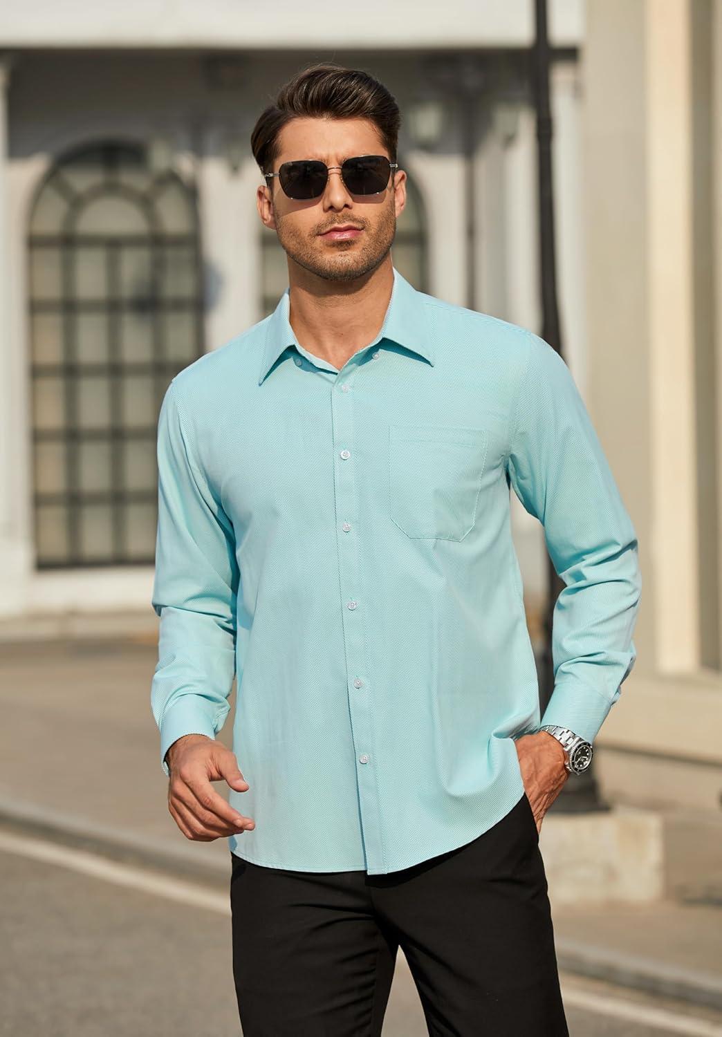 imageHISDERN Mens Dress Shirts Long Sleeve Wrinkle Free Formal Shirt Solid Stripe Business Casual Button Down ShirtsAqua Blue