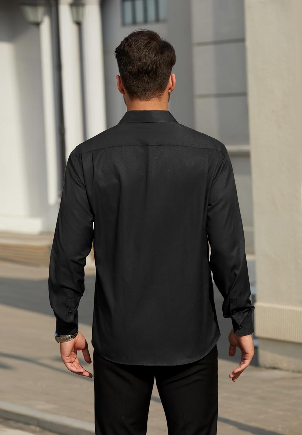 imageHISDERN Mens Dress Shirts Long Sleeve Wrinkle Free Formal Shirt Solid Stripe Business Casual Button Down ShirtsBlack