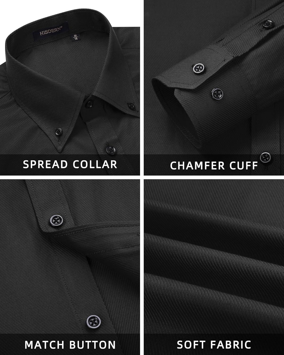 imageHISDERN Mens Dress Shirts Long Sleeve Wrinkle Free Formal Shirt Solid Stripe Business Casual Button Down ShirtsBlack