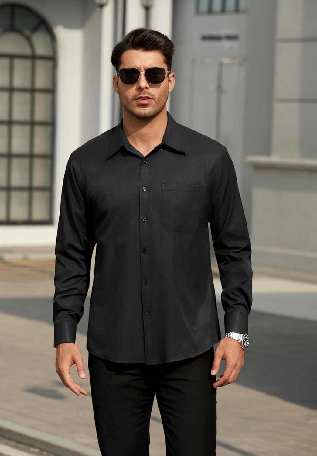 imageHISDERN Mens Dress Shirts Long Sleeve Wrinkle Free Formal Shirt Solid Stripe Business Casual Button Down ShirtsBlack
