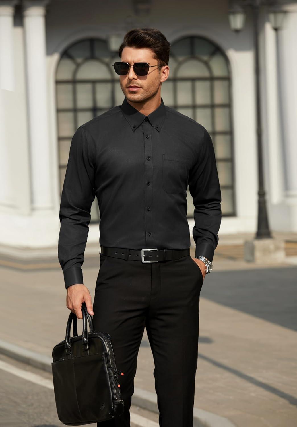 imageHISDERN Mens Dress Shirts Long Sleeve Wrinkle Free Formal Shirt Solid Stripe Business Casual Button Down ShirtsBlack