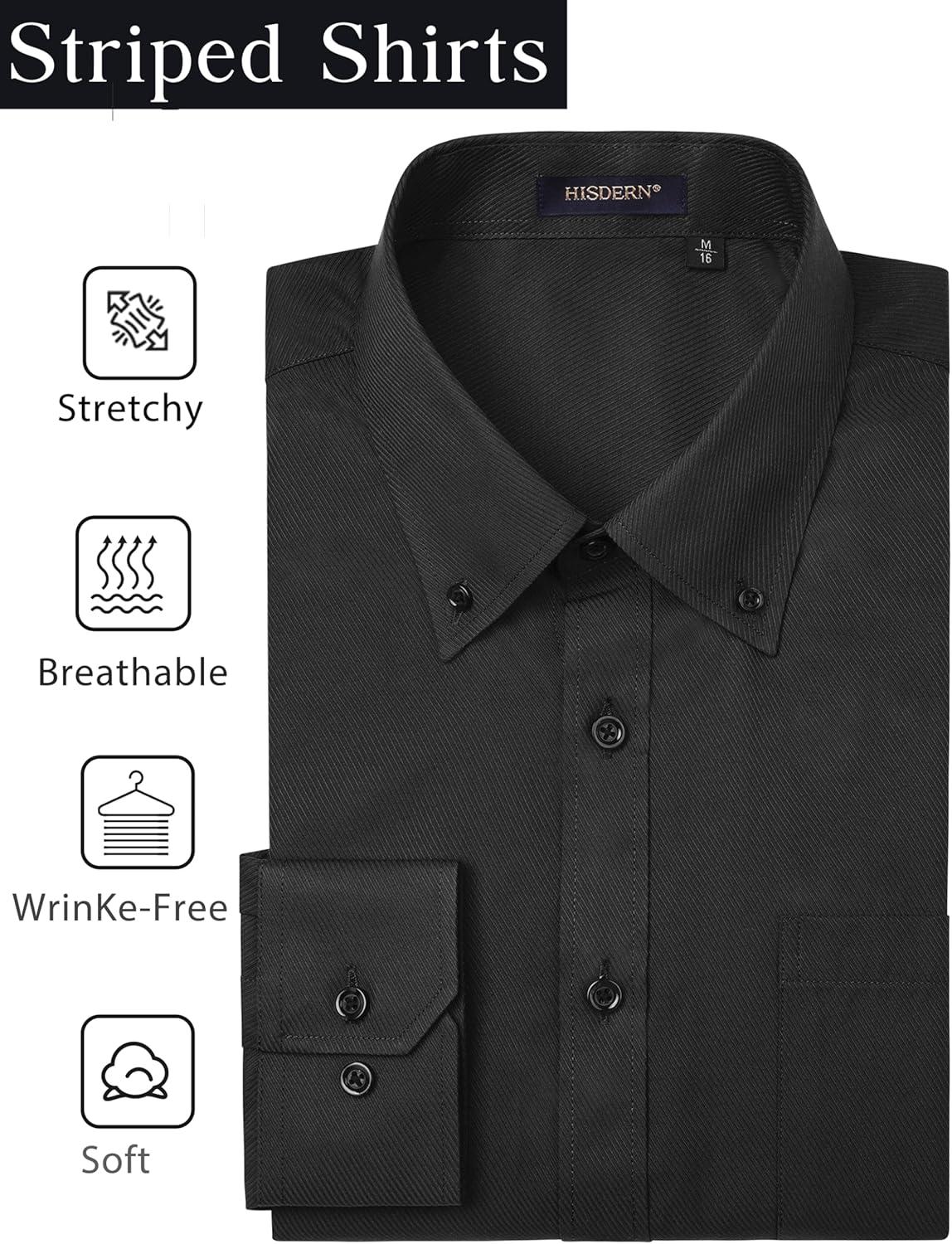 imageHISDERN Mens Dress Shirts Long Sleeve Wrinkle Free Formal Shirt Solid Stripe Business Casual Button Down ShirtsBlack