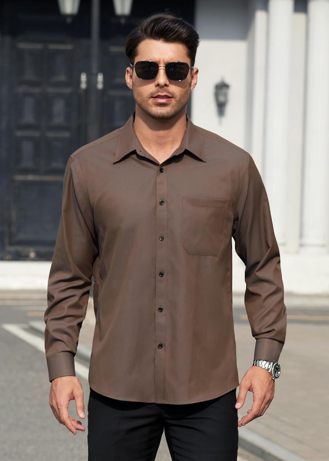 imageHISDERN Mens Dress Shirts Long Sleeve Wrinkle Free Formal Shirt Solid Stripe Business Casual Button Down ShirtsBrown