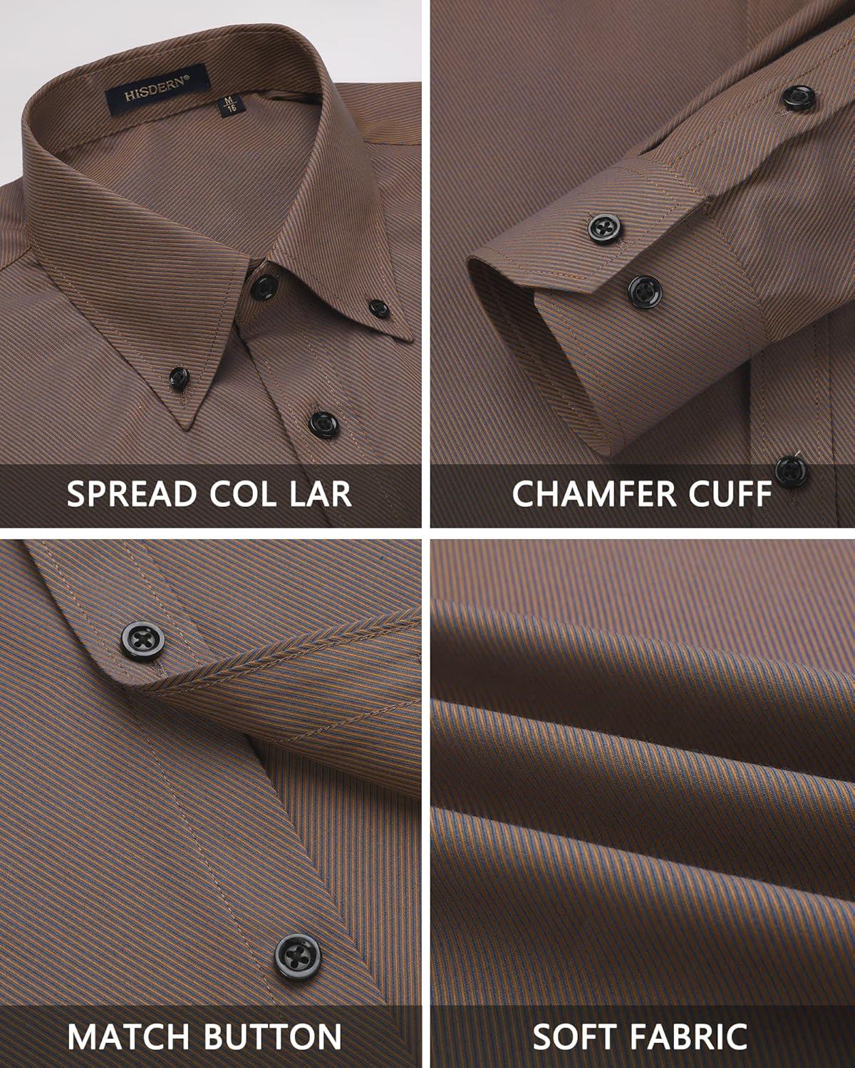 imageHISDERN Mens Dress Shirts Long Sleeve Wrinkle Free Formal Shirt Solid Stripe Business Casual Button Down ShirtsBrown