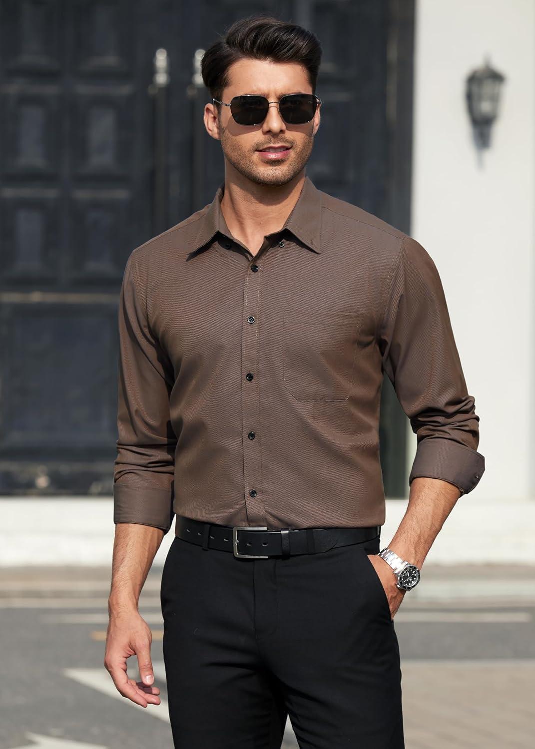 imageHISDERN Mens Dress Shirts Long Sleeve Wrinkle Free Formal Shirt Solid Stripe Business Casual Button Down ShirtsBrown
