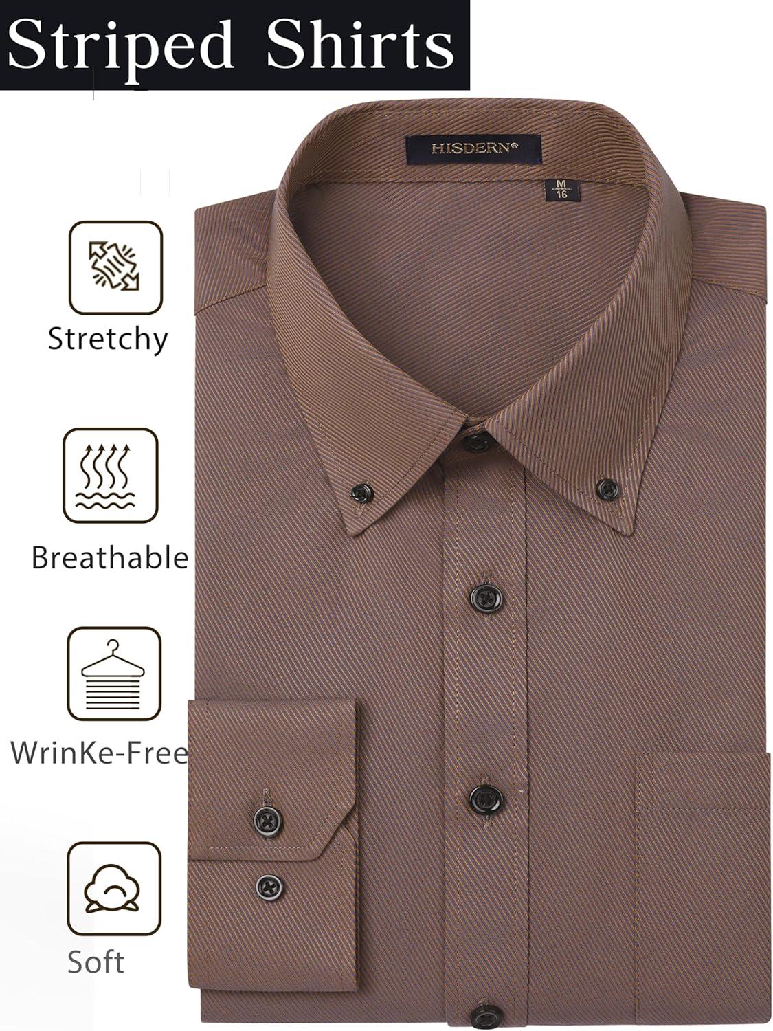 imageHISDERN Mens Dress Shirts Long Sleeve Wrinkle Free Formal Shirt Solid Stripe Business Casual Button Down ShirtsBrown