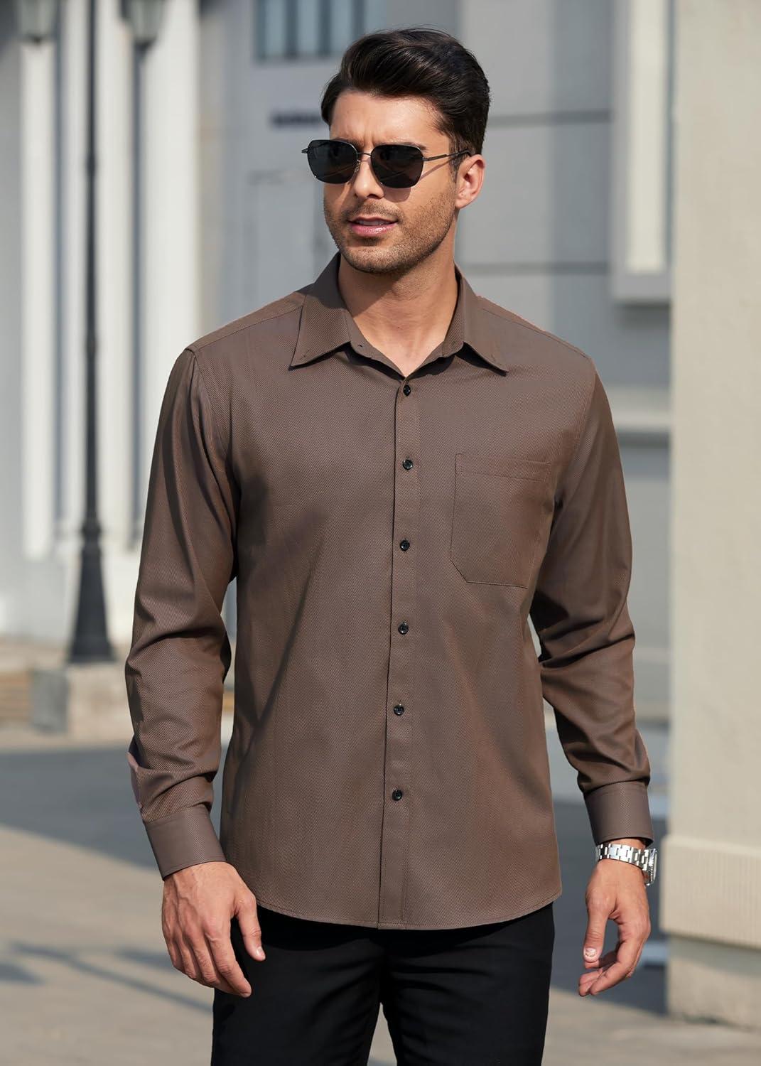 imageHISDERN Mens Dress Shirts Long Sleeve Wrinkle Free Formal Shirt Solid Stripe Business Casual Button Down ShirtsBrown