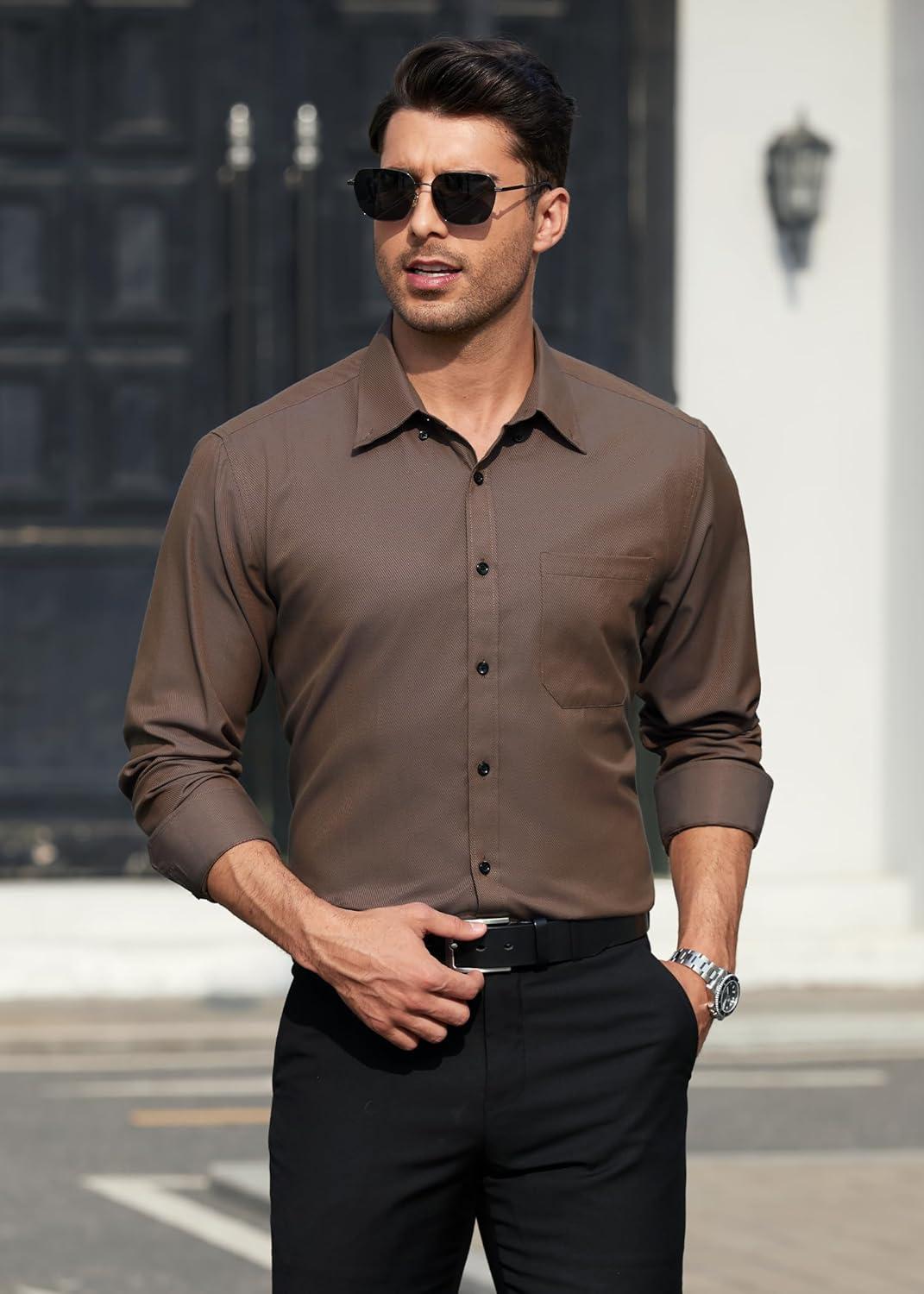 imageHISDERN Mens Dress Shirts Long Sleeve Wrinkle Free Formal Shirt Solid Stripe Business Casual Button Down ShirtsBrown