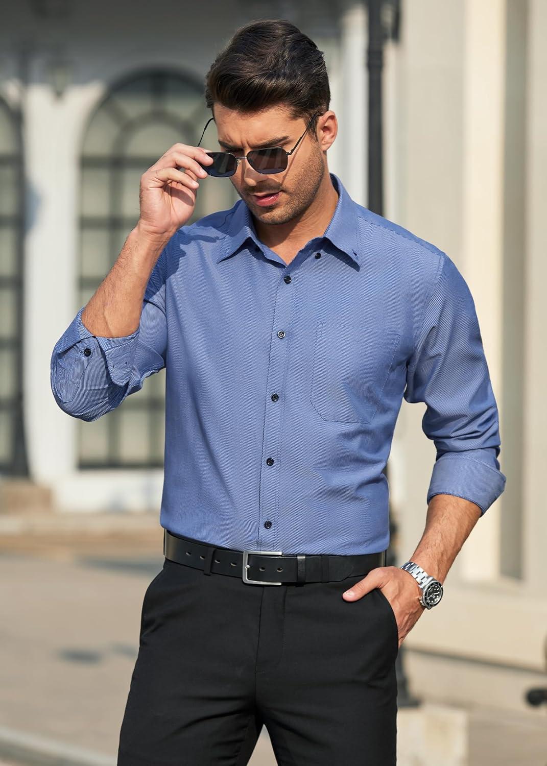 imageHISDERN Mens Dress Shirts Long Sleeve Wrinkle Free Formal Shirt Solid Stripe Business Casual Button Down ShirtsDark Blue