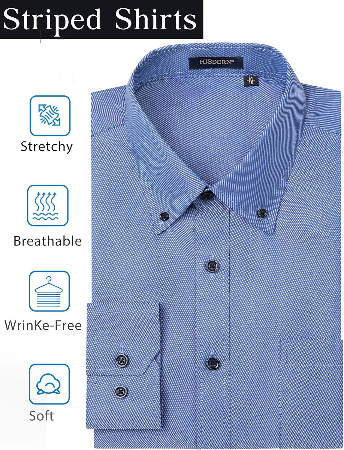 imageHISDERN Mens Dress Shirts Long Sleeve Wrinkle Free Formal Shirt Solid Stripe Business Casual Button Down ShirtsDark Blue