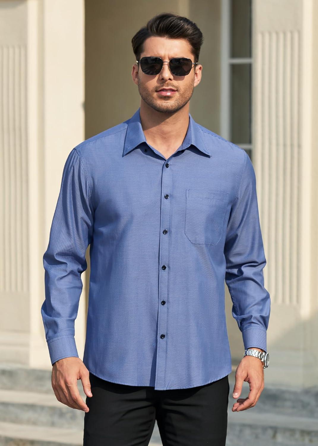 imageHISDERN Mens Dress Shirts Long Sleeve Wrinkle Free Formal Shirt Solid Stripe Business Casual Button Down ShirtsDark Blue