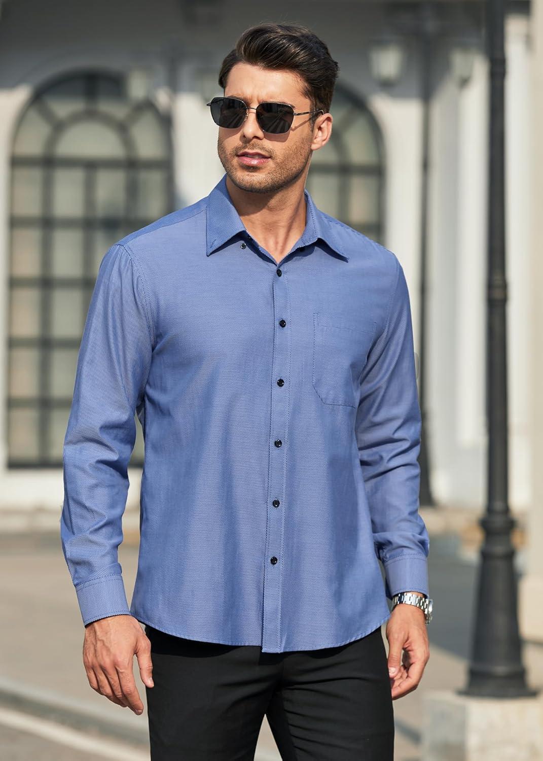 imageHISDERN Mens Dress Shirts Long Sleeve Wrinkle Free Formal Shirt Solid Stripe Business Casual Button Down ShirtsDark Blue