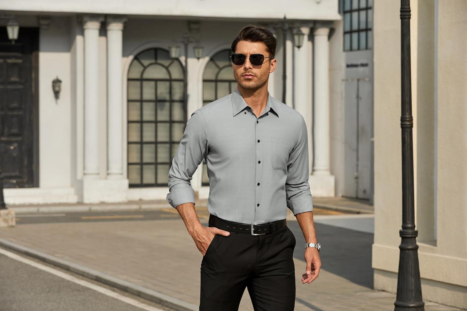 imageHISDERN Mens Dress Shirts Long Sleeve Wrinkle Free Formal Shirt Solid Stripe Business Casual Button Down ShirtsGrey