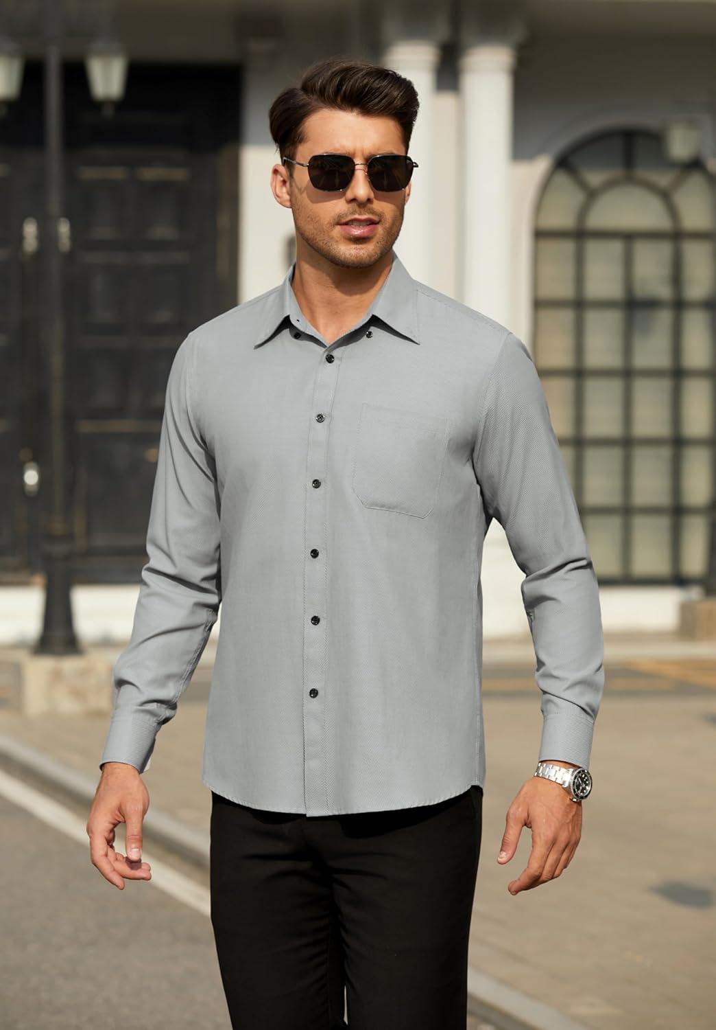 imageHISDERN Mens Dress Shirts Long Sleeve Wrinkle Free Formal Shirt Solid Stripe Business Casual Button Down ShirtsGrey