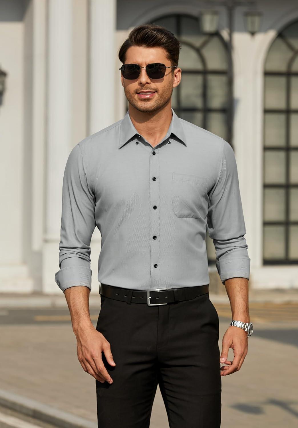 imageHISDERN Mens Dress Shirts Long Sleeve Wrinkle Free Formal Shirt Solid Stripe Business Casual Button Down ShirtsGrey