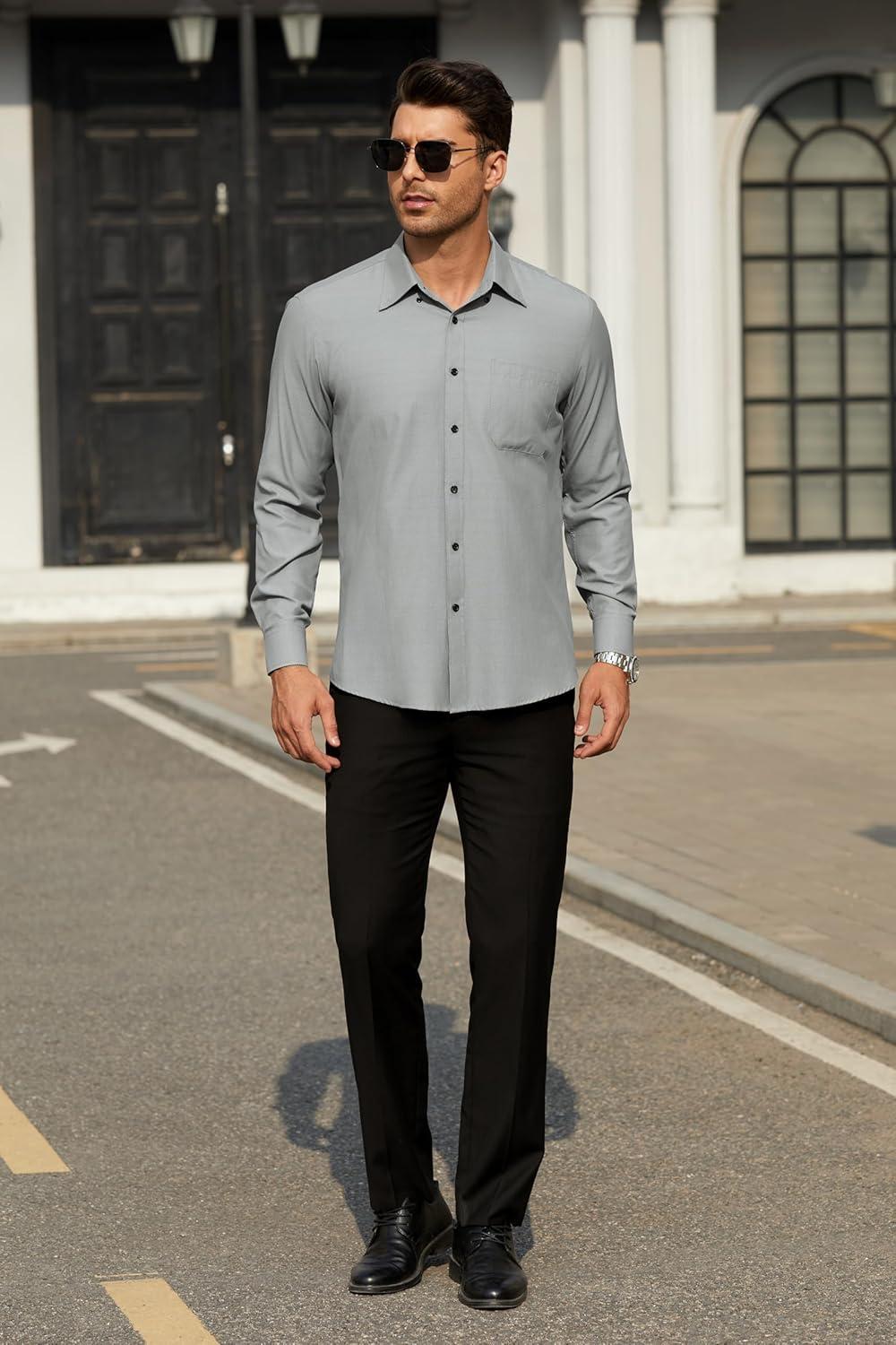 imageHISDERN Mens Dress Shirts Long Sleeve Wrinkle Free Formal Shirt Solid Stripe Business Casual Button Down ShirtsGrey
