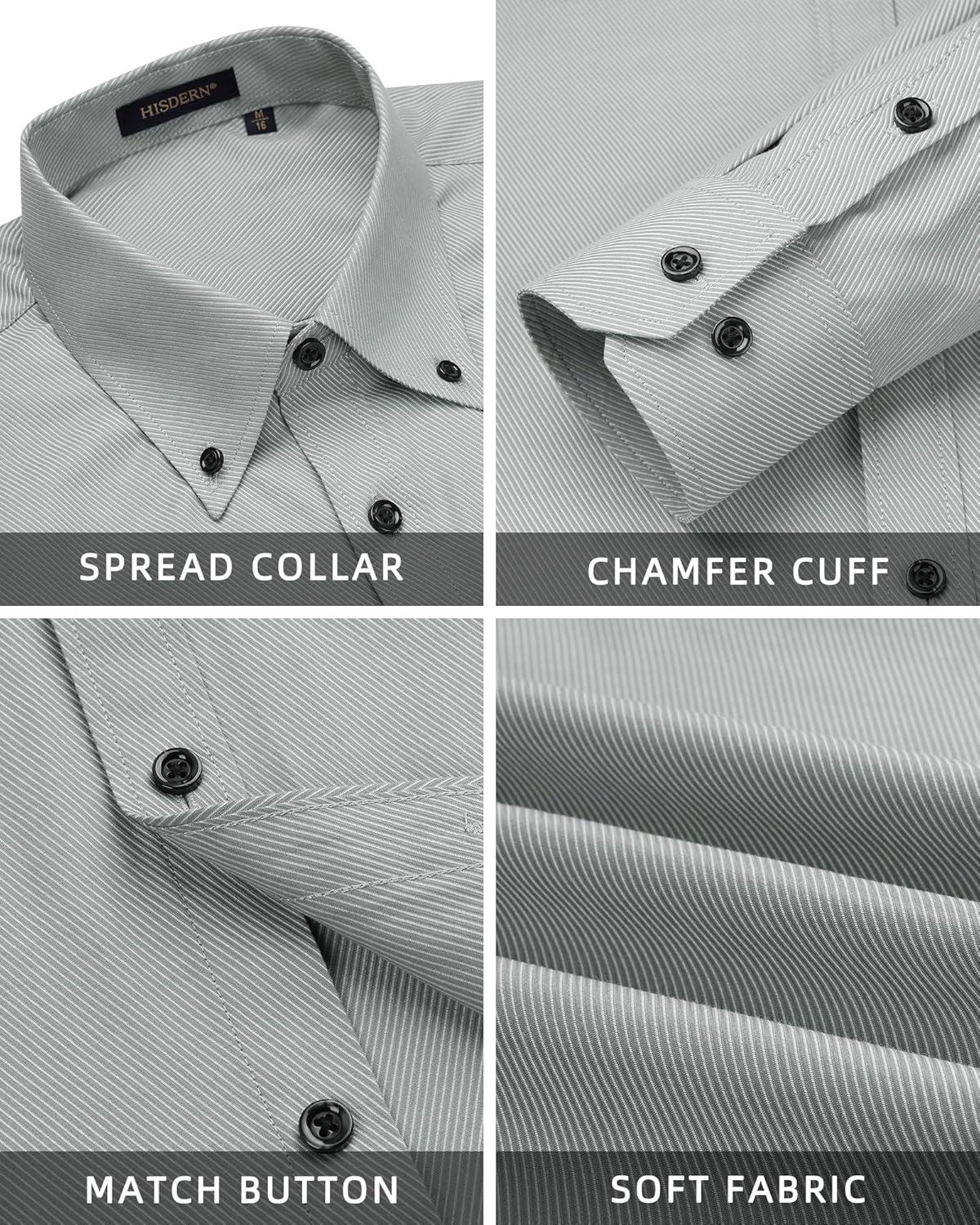 imageHISDERN Mens Dress Shirts Long Sleeve Wrinkle Free Formal Shirt Solid Stripe Business Casual Button Down ShirtsGrey
