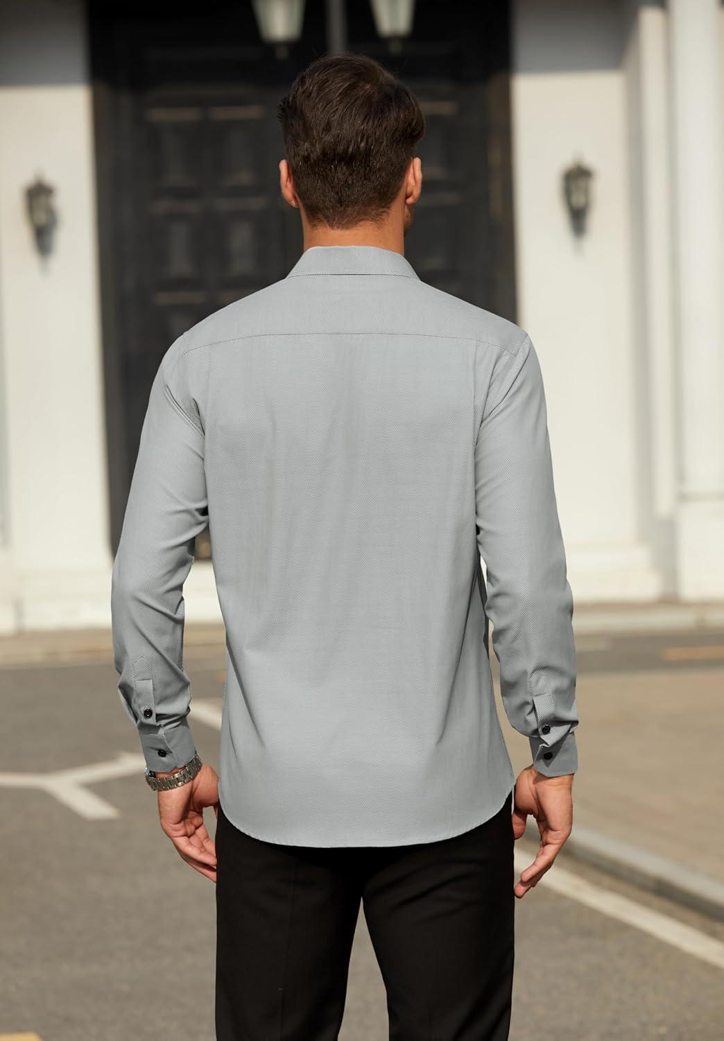 imageHISDERN Mens Dress Shirts Long Sleeve Wrinkle Free Formal Shirt Solid Stripe Business Casual Button Down ShirtsGrey
